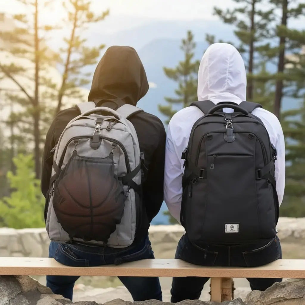 Deux lycéens portant un sac à dos 35L gris et noir avec port USB