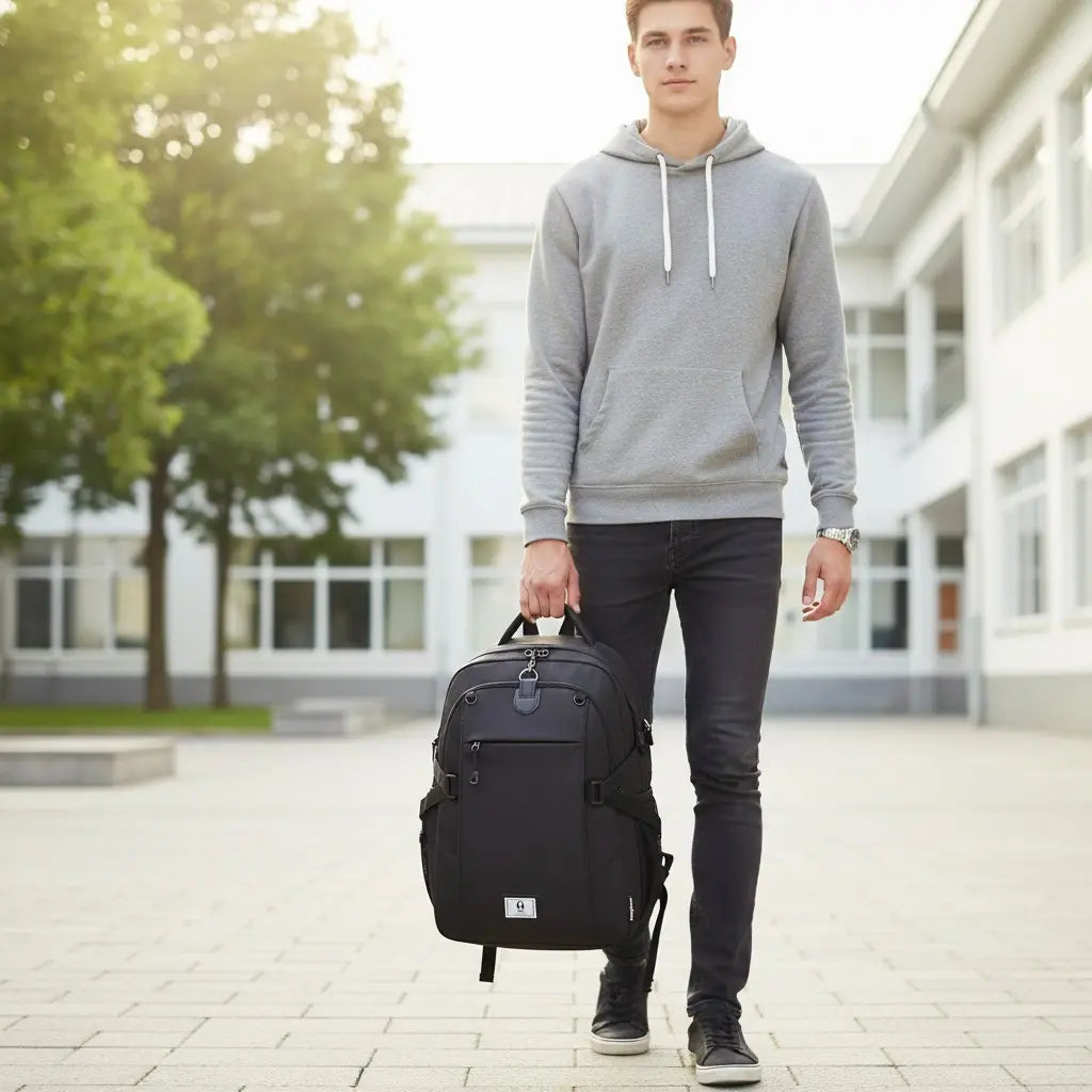 Lycéen portant un sac à dos 35L avec port USB devant un établissement scolaire
