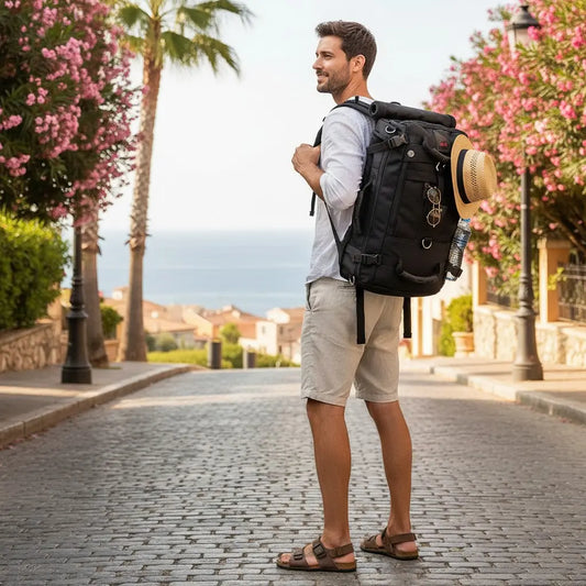 Homme portant un sac à dos étanche 50L dans une rue en bord de mer