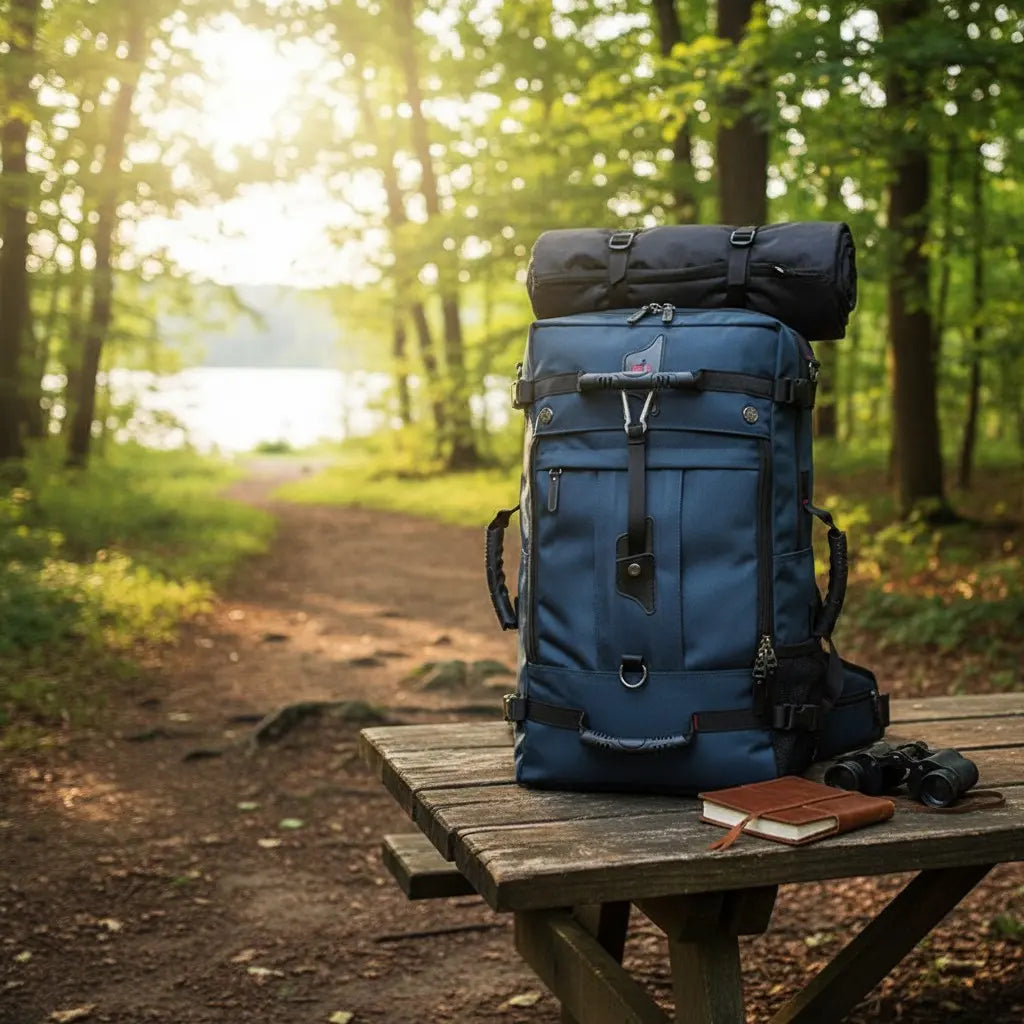 Sac à dos étanche 50L posé sur une table en forêt lors d’un bivouac