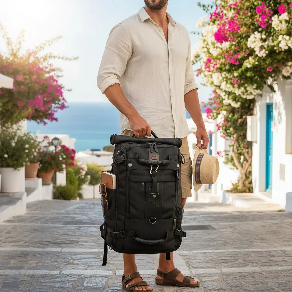 Sac à dos 50L étanche transporté à la main lors d’un voyage