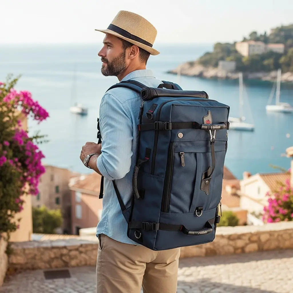 Vue arrière d’un homme portant un sac à dos 50L de voyage