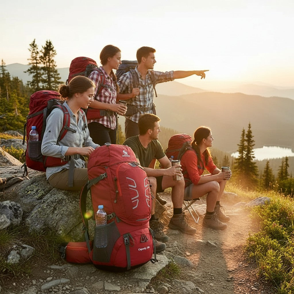 Groupe de randonneurs avec sacs à dos 60L lors d’une pause en montagne