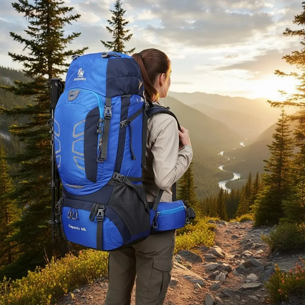 Femme portant un sac à dos de randonnée 60L bleu en montagne
