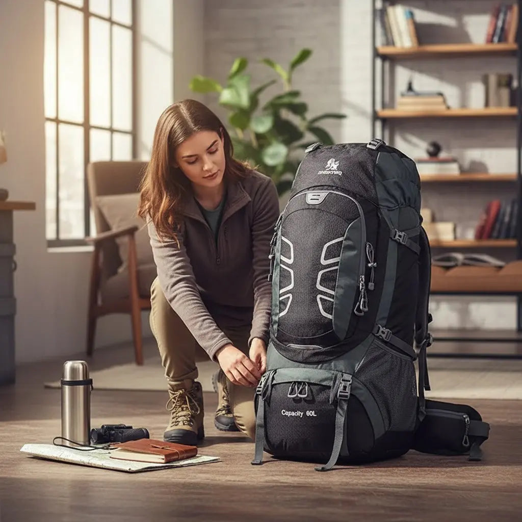 Femme préparant un sac à dos de randonnée 60L noir dans un intérieur