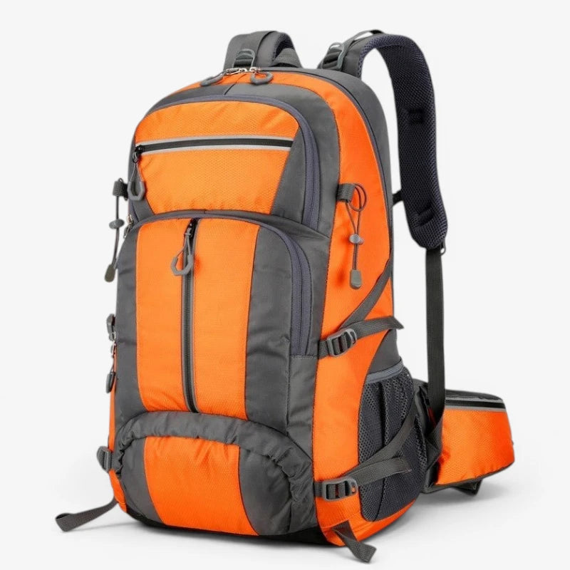 Sac à dos randonnée 60L orange vif – avec sangles de compression latérales et ceinture ventrale rembourrée