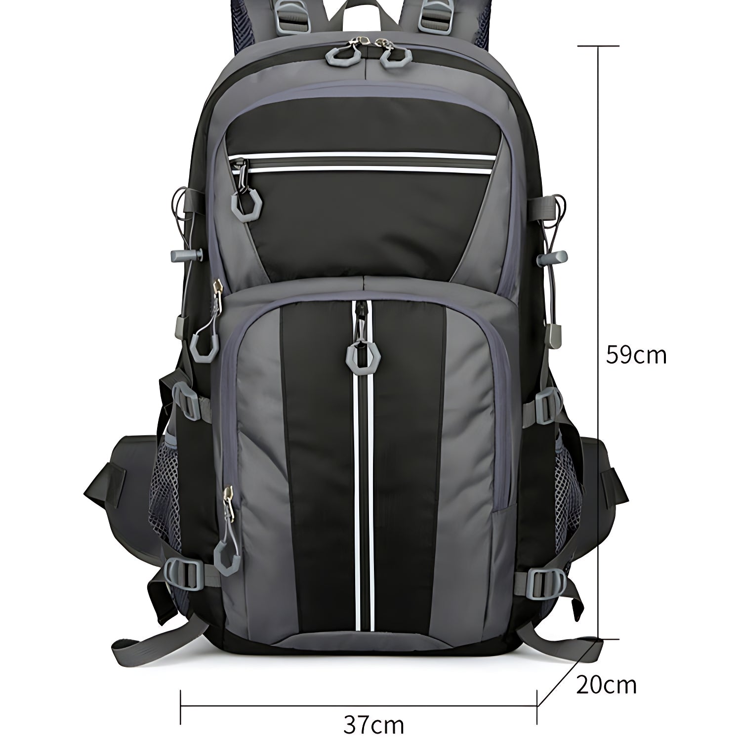 Sac à dos randonnée 60L noir – vue de face avec dimensions 59 × 37 × 20 cm indiquées