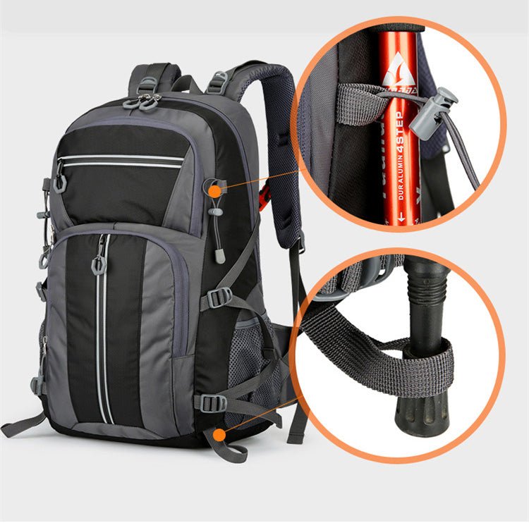 Sac de randonnée noir/gris – fixation latérale pour bâtons de marche avec détails en zoom