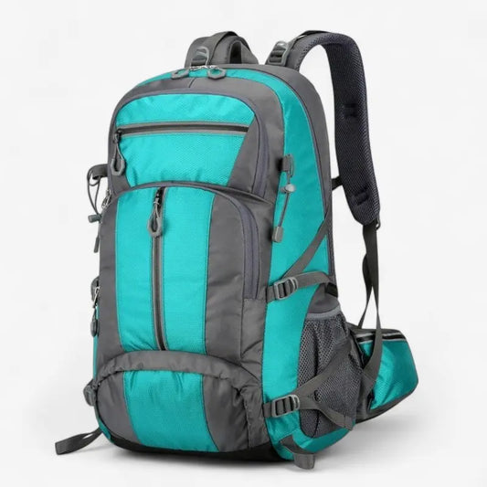 Sac à dos de randonnée 60L turquoise et gris vu de face