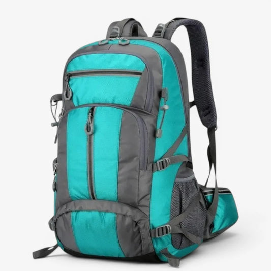 Sac à dos de randonnée 60L turquoise et gris vu de face