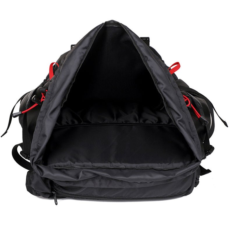 Sac à dos randonnée 60L noir – Compartiment principal ouvert – Vue intérieure spacieuse avec large ouverture zippée