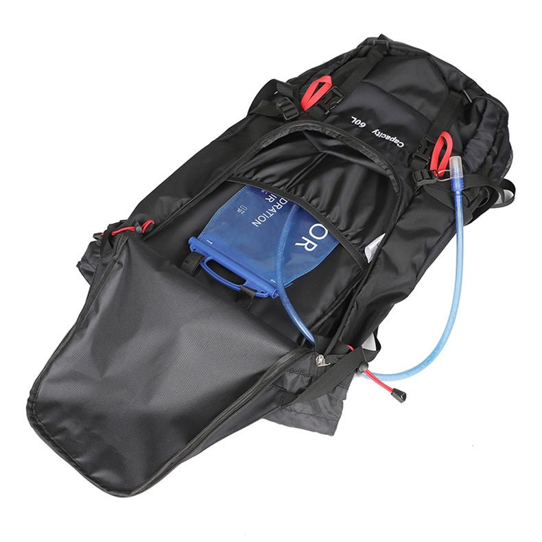 Sac à dos 60L randonnée – Compartiment principal avec poche pour poche à eau et ouverture zippée large