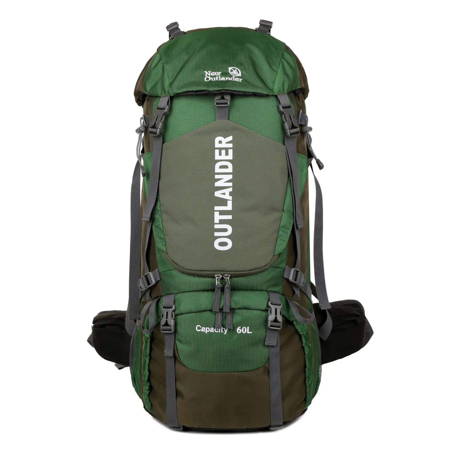 Sac à dos randonnée 60L vert – Vue de profil – Polyester résistant et logo OUTLANDER