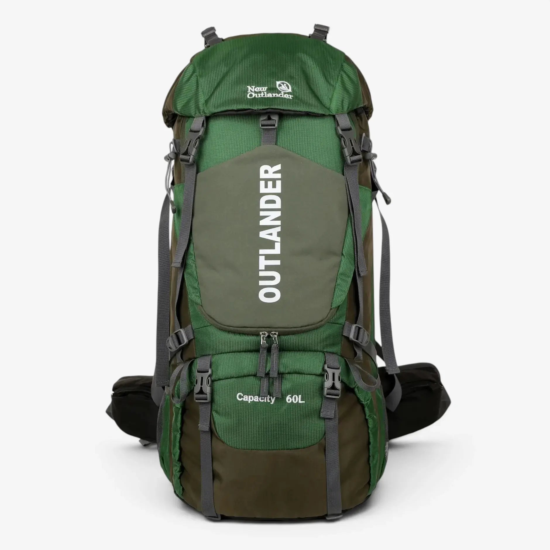Sac à dos randonnée 60L vert – Vue de profil – Polyester résistant et logo OUTLANDER