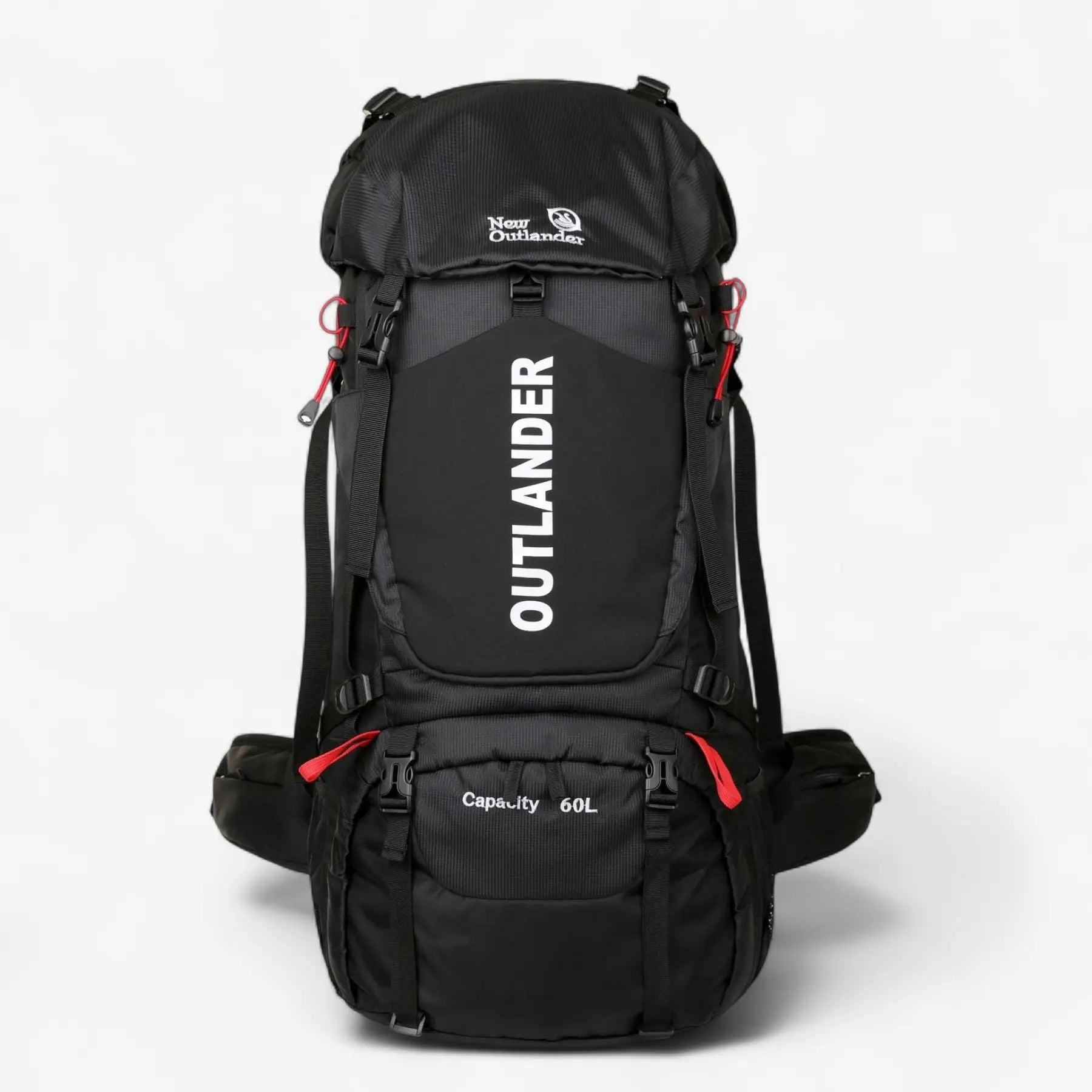 Sac à dos randonnée 60L noir – Vue de face – Logo OUTLANDER visible