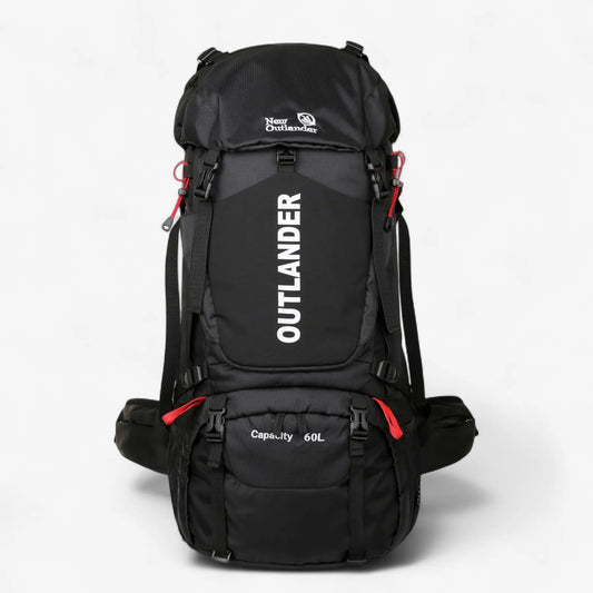 Sac à dos randonnée 60L noir – Vue de face – Logo OUTLANDER visible