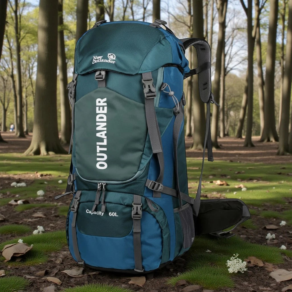Sac à dos randonnée 60L bleu – Vue de profil dans une forêt.