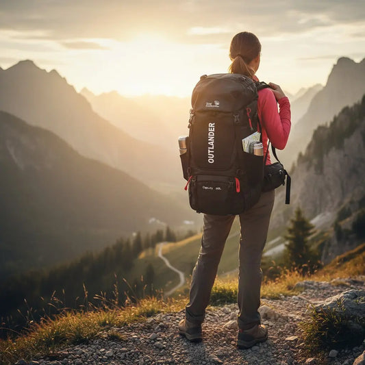 Randonneur portant un sac à dos 60L sur un sentier de montagne