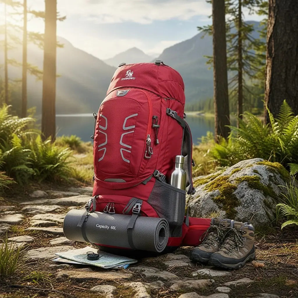 Sac à dos randonnée 60L rouge avec équipement de bivouac en pleine nature