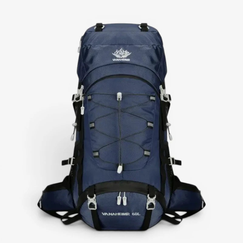 Sac à dos trekking 60L – vue de face, modèle bleu marine avec poches multiples et cordon élastique central