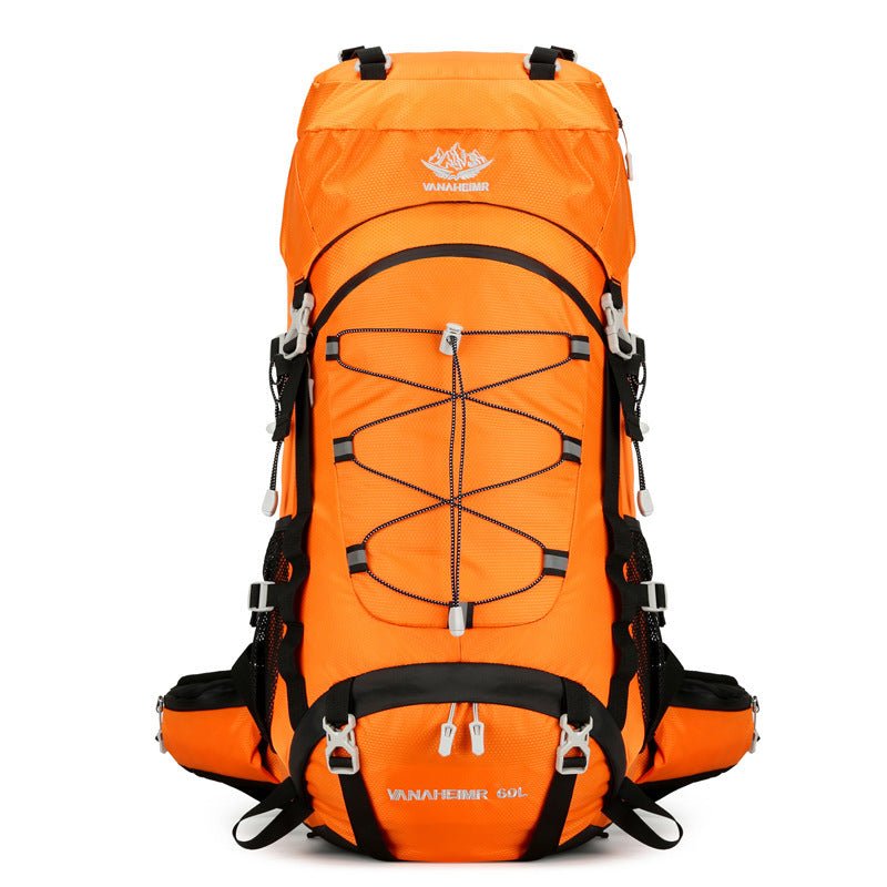 Sac à dos trekking 60L – modèle orange vif, vue de face avec poches extérieures et cordage de maintien central