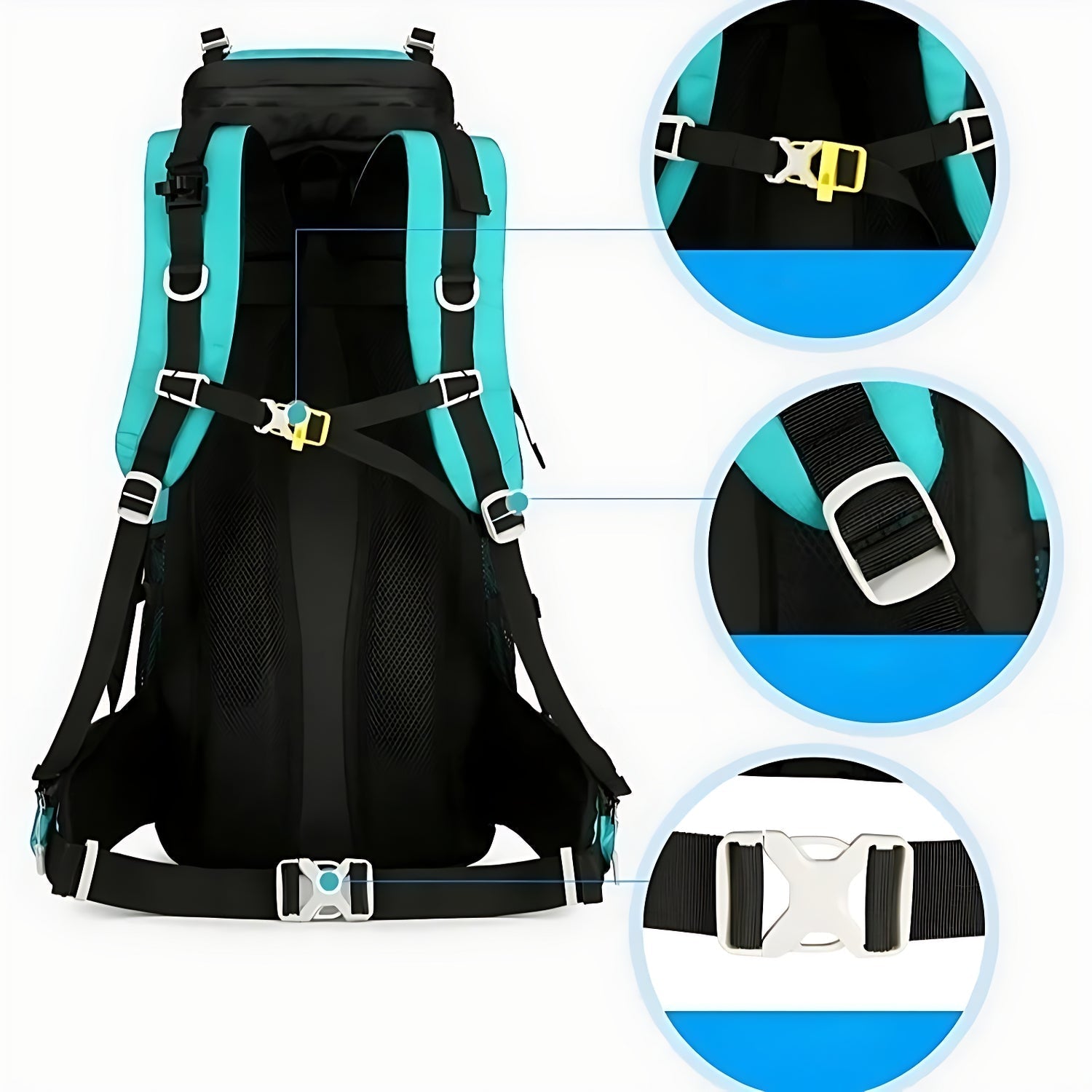 Zoom sur les boucles du sac à dos trekking 60L – attache poitrine renforcée, réglage bretelles, boucle de ceinture ventrale robuste