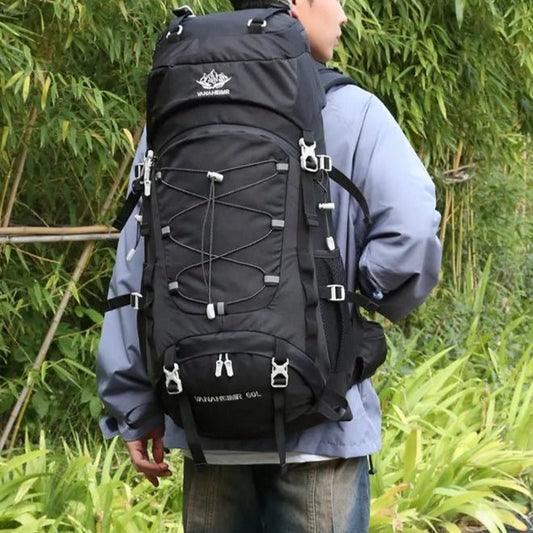 Sac à dos trekking 60L – porté sur le dos, modèle noir avec cordon frontal et sangles latérales
