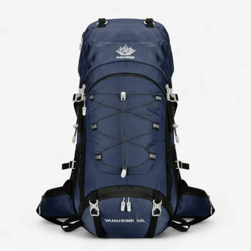 Sac à dos trekking 60L – vue de face, modèle bleu marine avec poches multiples et cordon élastique central