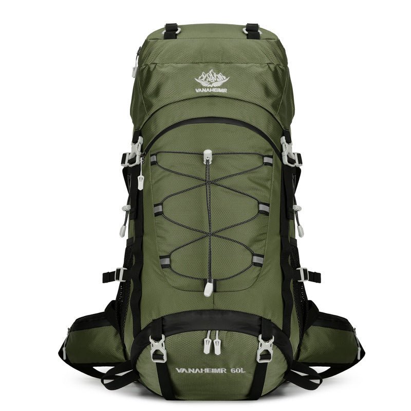 Sac à dos trekking 60L – modèle vert kaki avec cordage élastique, attaches latérales et ceinture de maintien, vue avant