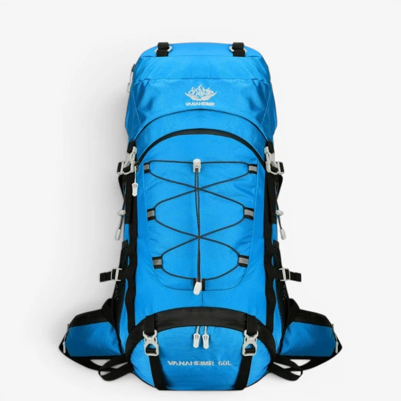 Sac à dos trekking 60L – modèle bleu clair avec cordage central et sangles latérales, vue de face