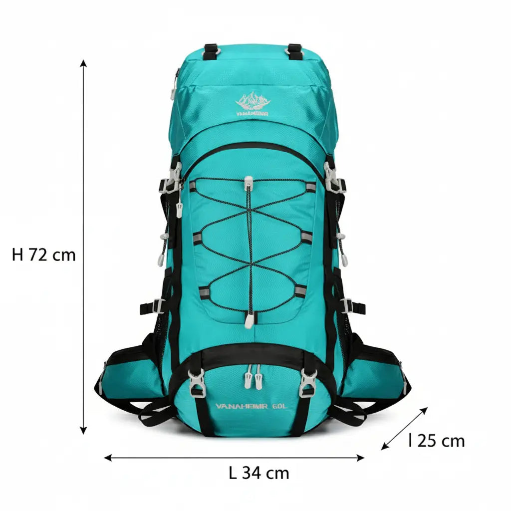 Sac à dos trekking 60L – vue de face avec dimensions : 72 × 34 × 25 cm