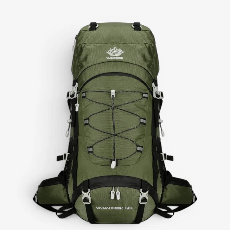 Sac à dos trekking 60L – modèle vert kaki avec cordage élastique, attaches latérales et ceinture de maintien, vue avant