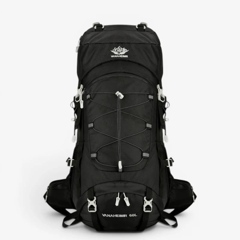 Sac à dos trekking 60L – vue de face, modèle noir avec poches multiples et cordon élastique central