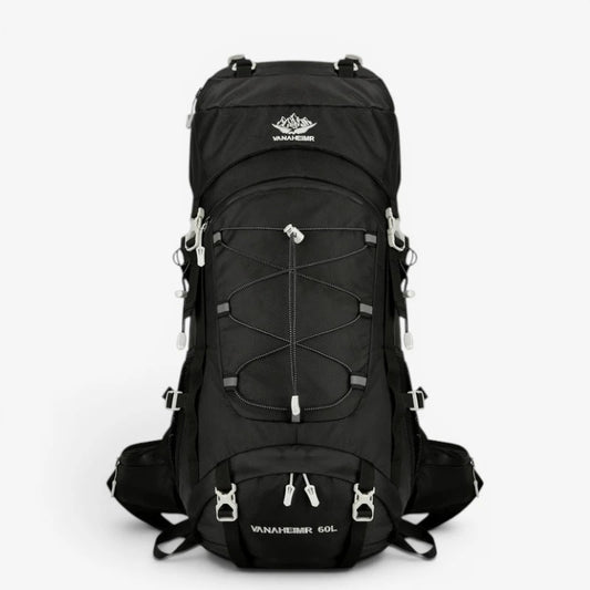 Sac à dos trekking 60L – vue de face, modèle noir avec poches multiples et cordon élastique central
