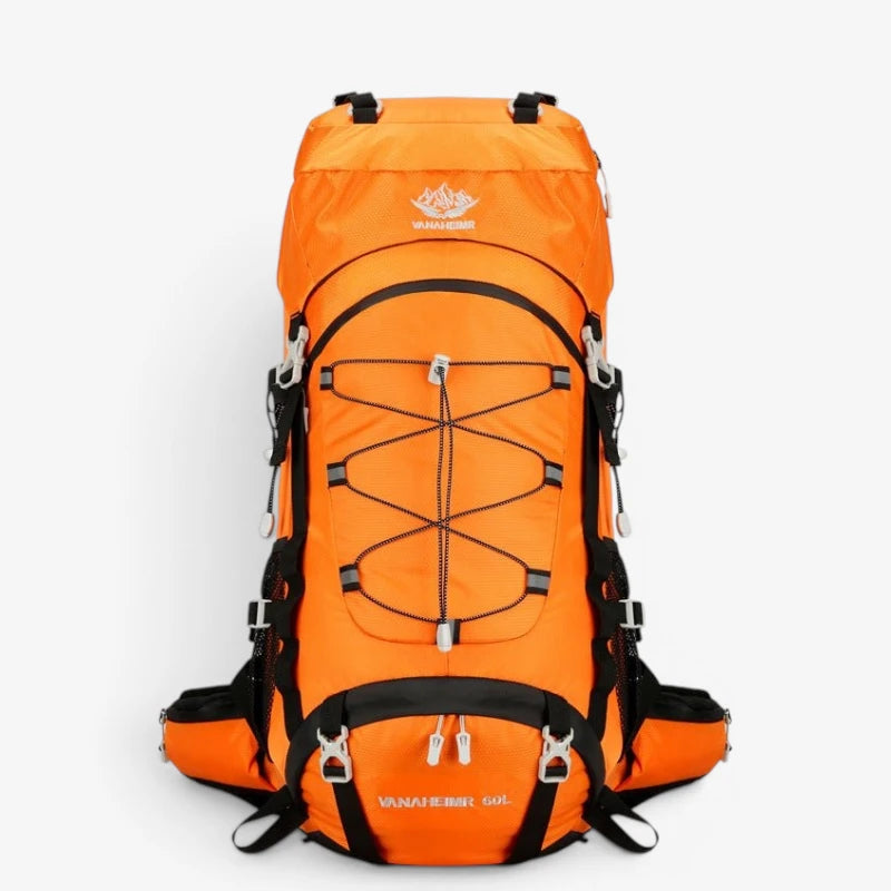 Sac à dos trekking 60L – modèle orange vif, vue de face avec poches extérieures et cordage de maintien central