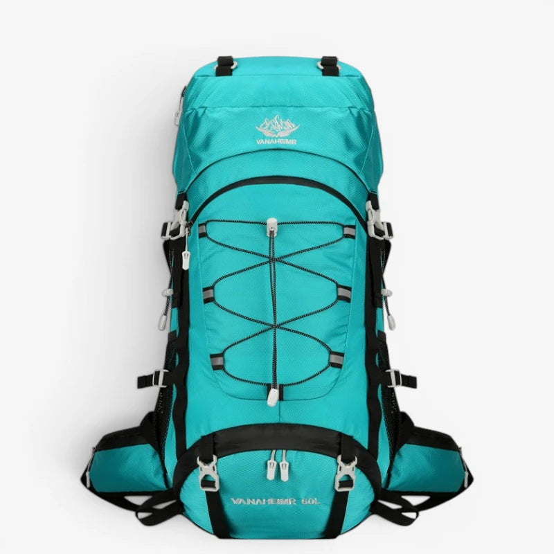Sac à dos trekking 60L – modèle turquoise avec cordage élastique et ceinture ventrale, vue de face