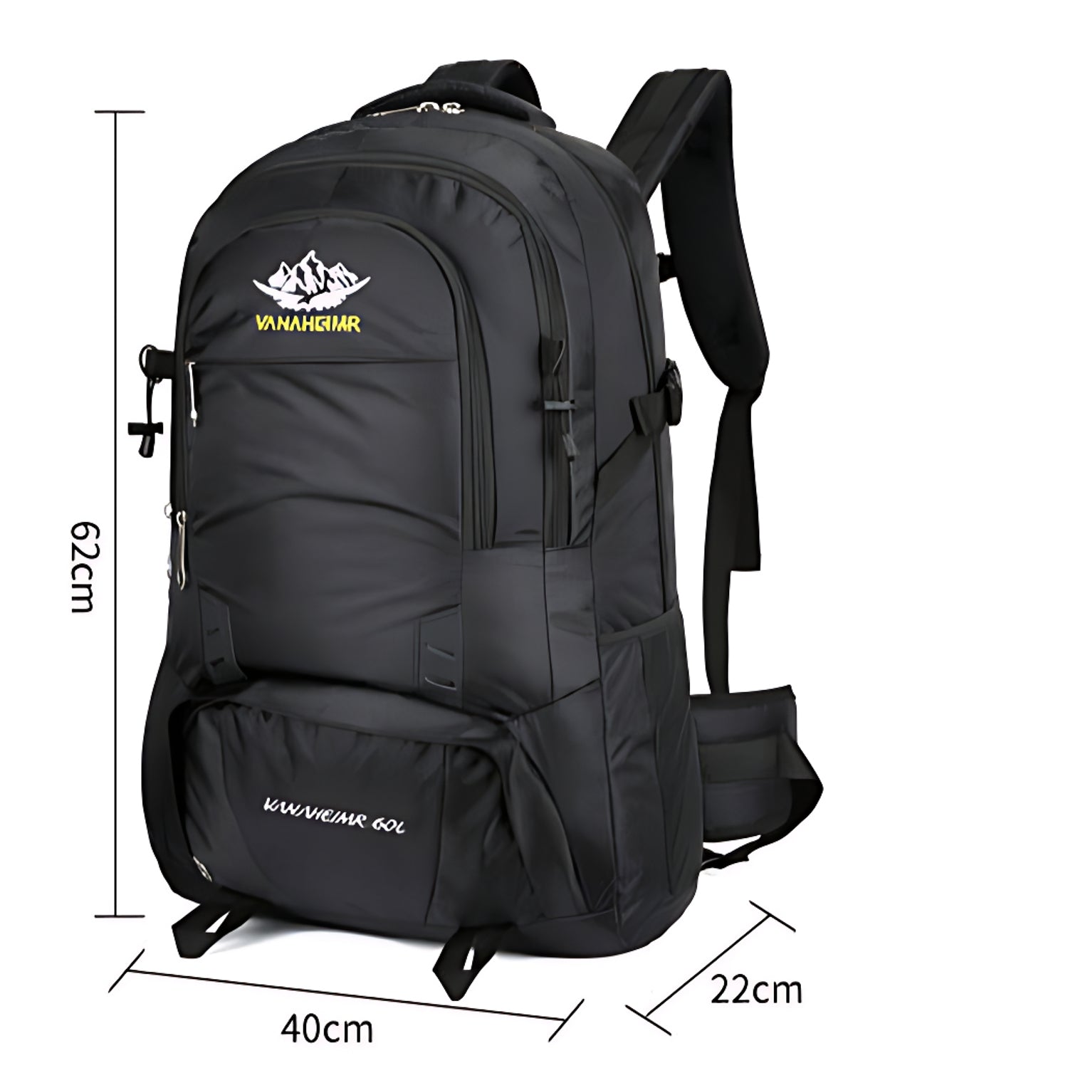 Sac à dos trekking 60L noir – dimensions 62 x 40 x 22 cm indiquées en visuel
