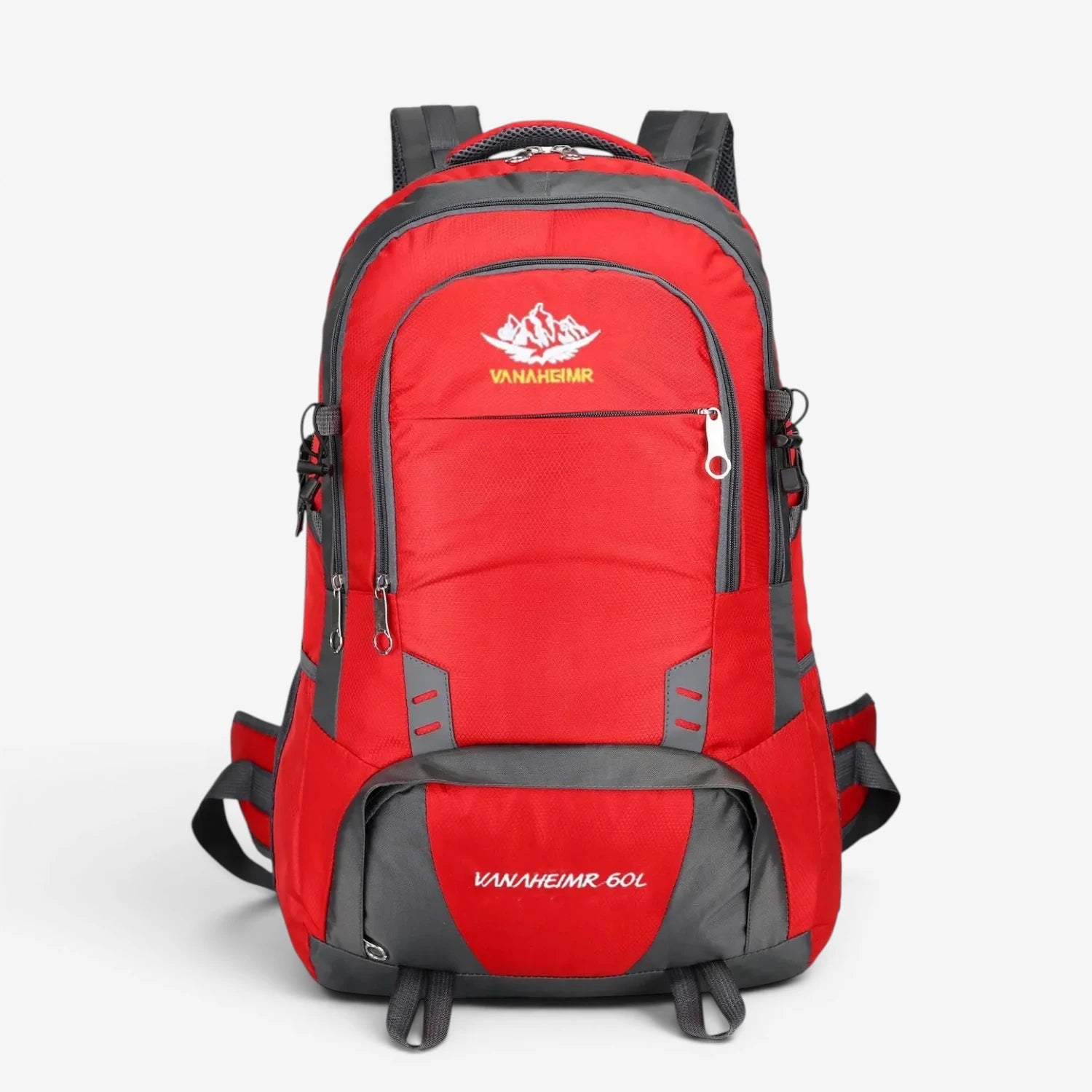 Sac à dos trekking 60L – modèle rouge multipoche avec zip central et poches latérales