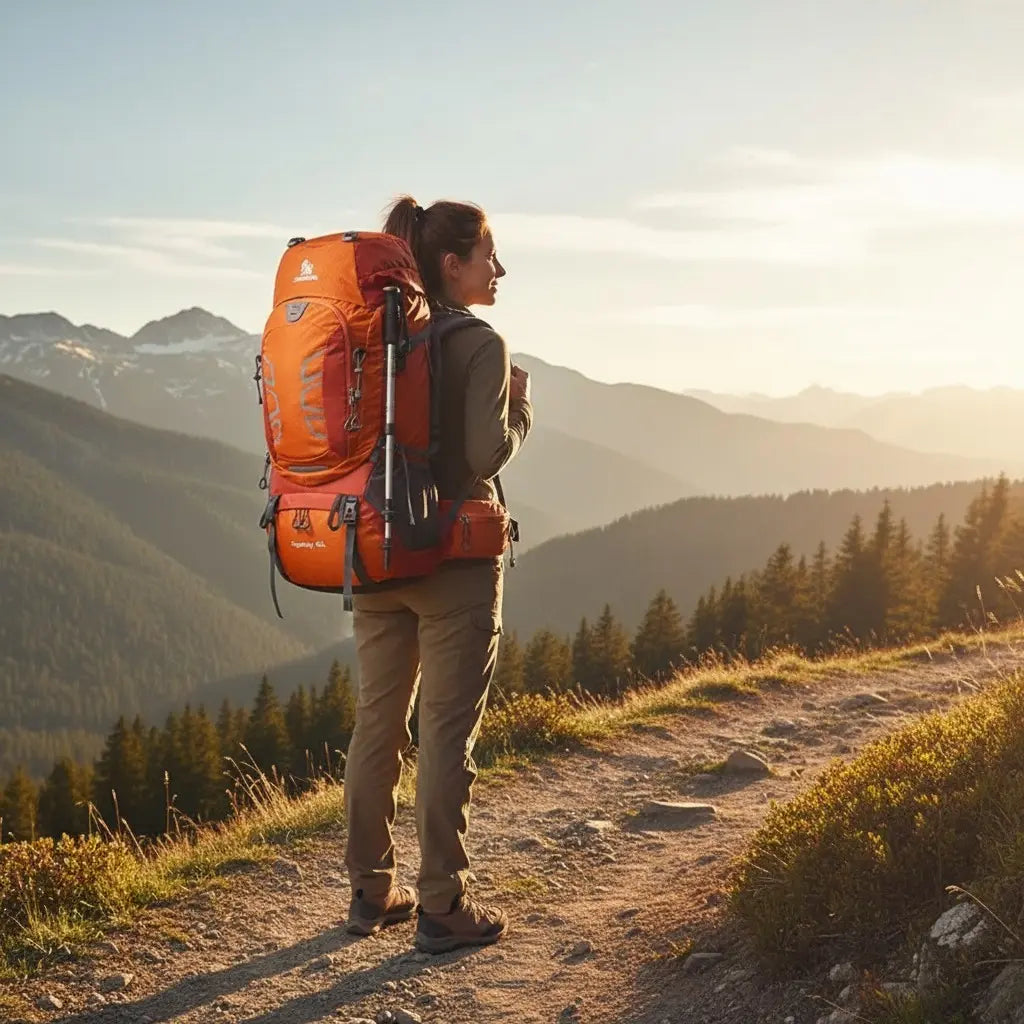 Randonneur avec sac à dos trekking 60L orange sur un sentier de montagne