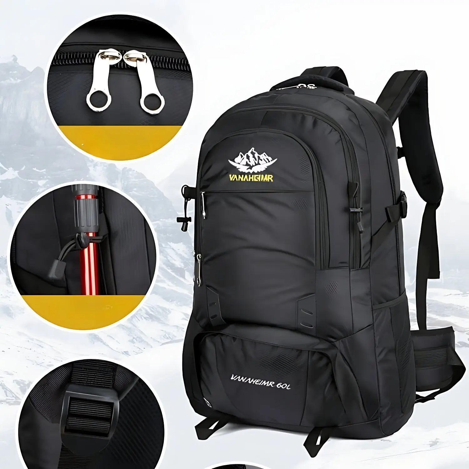 Sac à dos trekking 62L noir – détails zips, attaches et fixation bâton