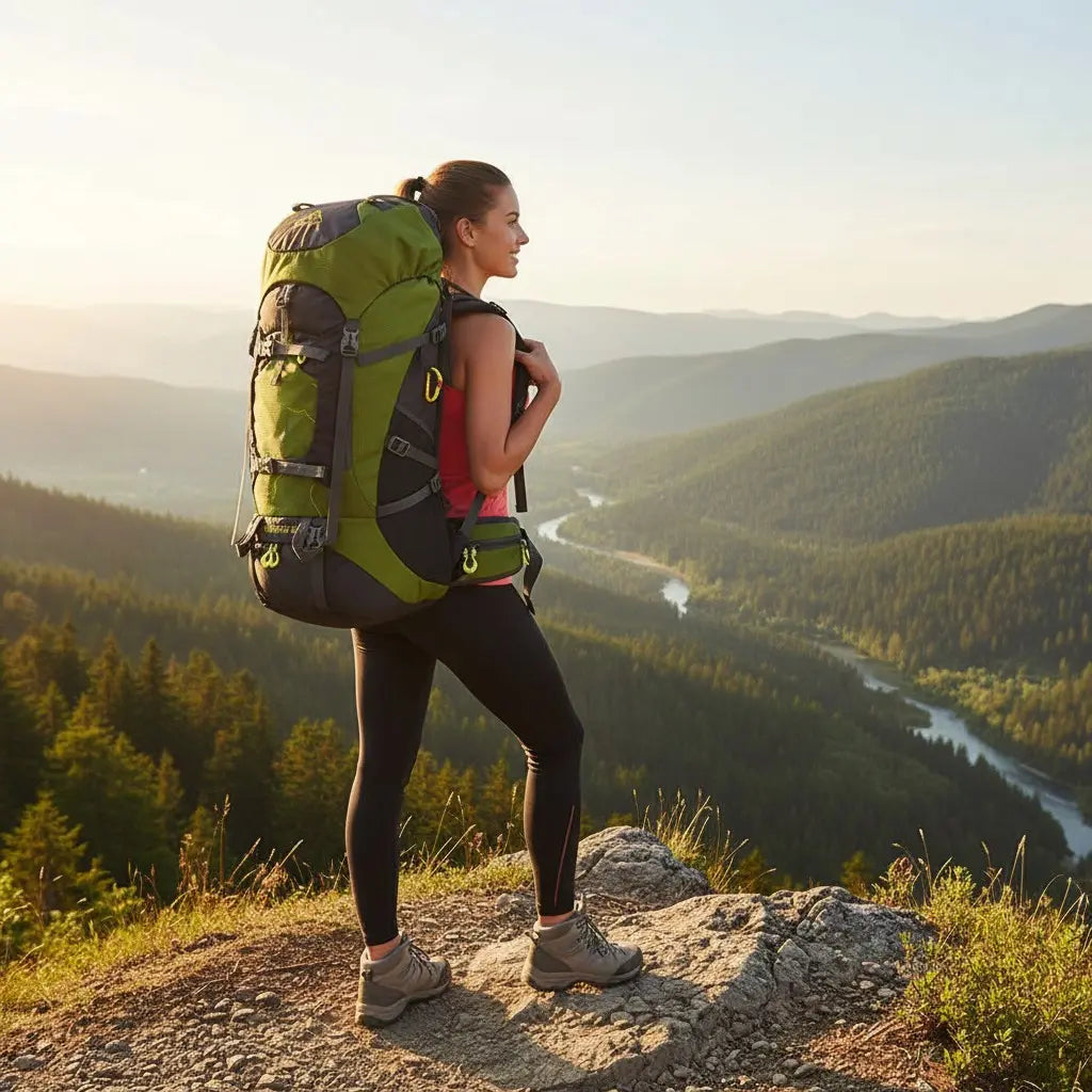 Femme avec sac à dos trekking 75L vert observant un paysage montagneux