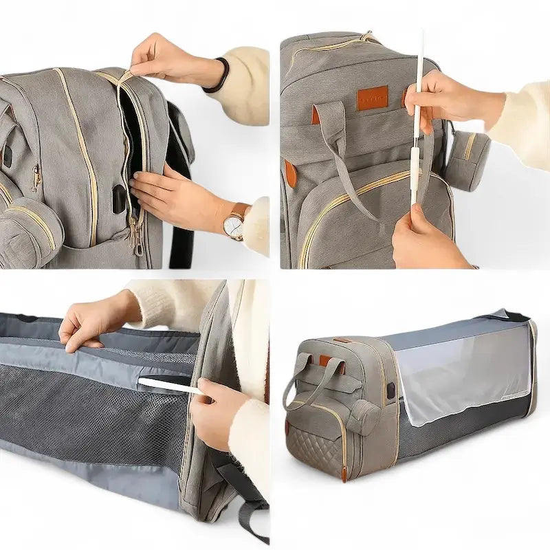 Étapes de déploiement du lit pliable intégré au sac à dos à langer 3 en 1