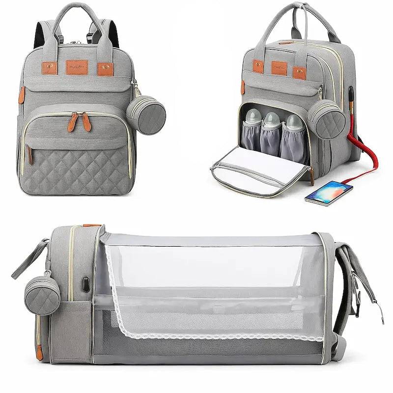 Sac à dos à langer 3 en 1 gris avec lit d’appoint pliable intégré