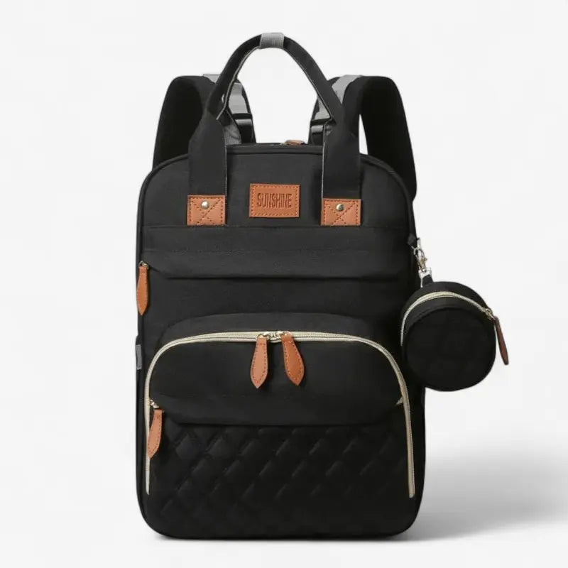 Sac à dos à langer 3 en 1 noir vu de face avec poches multiples