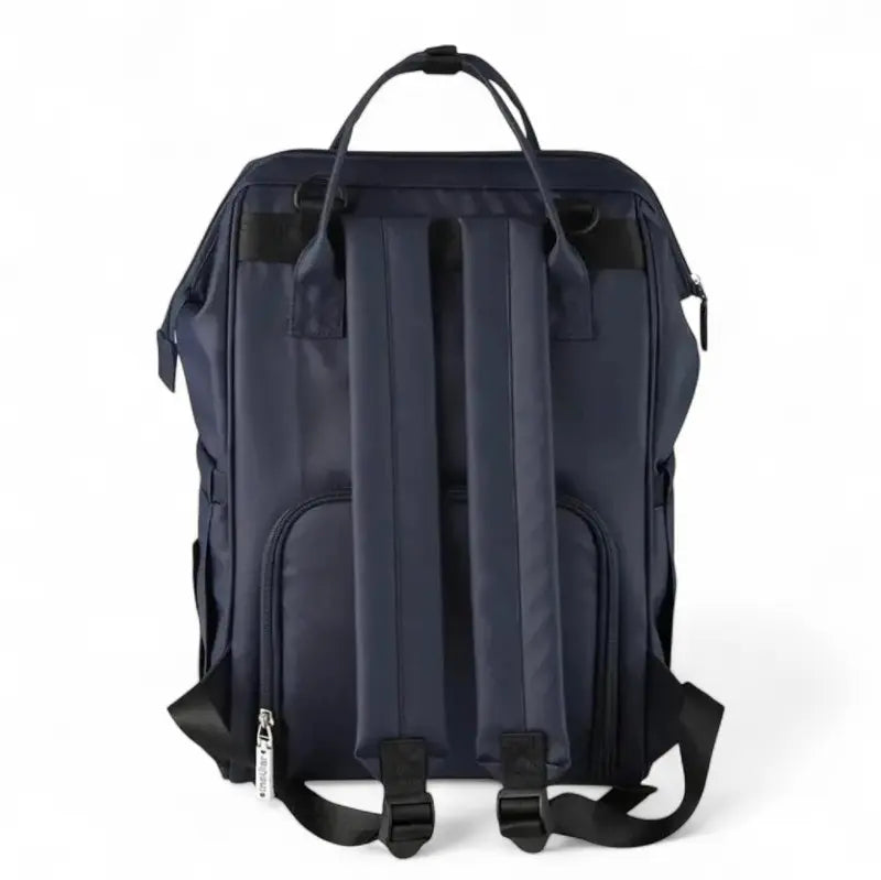 Vue arrière du sac à dos à langer animaux bleu avec bretelles ajustables