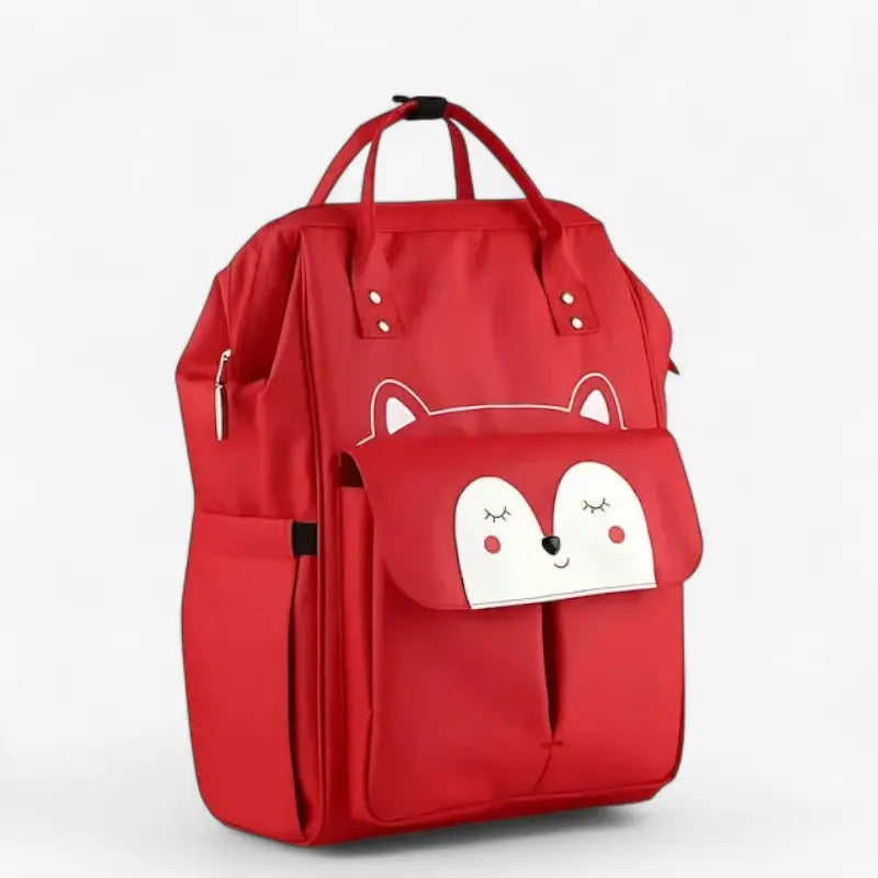 Sac à dos à langer rouge motif renard avec poche avant et accessoires