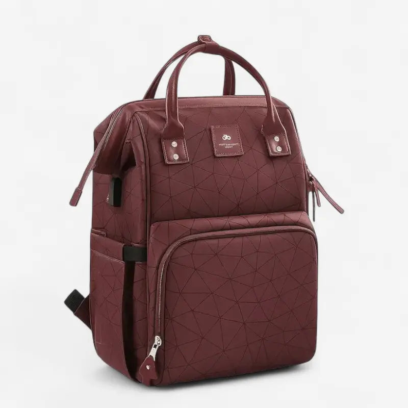 Sac à dos à langer bordeaux avec grande capacité et port USB intégré