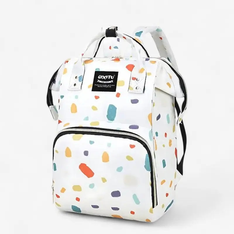 Sac à dos à langer étanche blanc avec motifs multicolores, grande capacité et poches pratiques