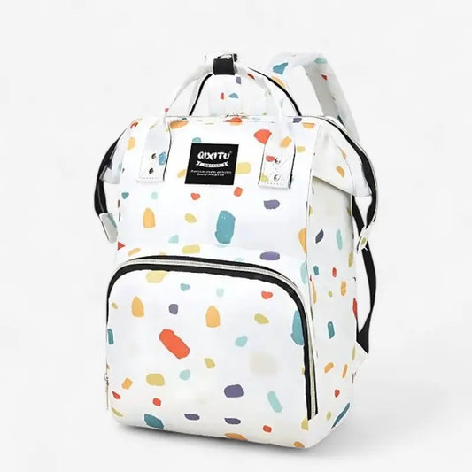 Sac à dos à langer étanche blanc avec motifs multicolores, grande capacité et poches pratiques