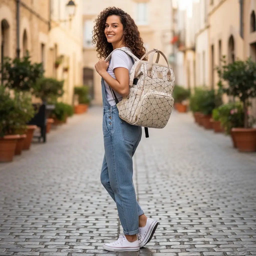sac à dos à langer grande capacité beige avec port USB porté par une femme sur une rue pavée